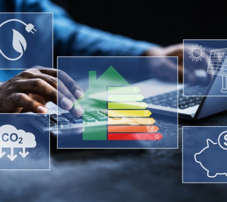 Person tippt am Laptop, mit Symbolen zu Energieeffizienz, CO₂, Solarenergie und Kostenersparnis.