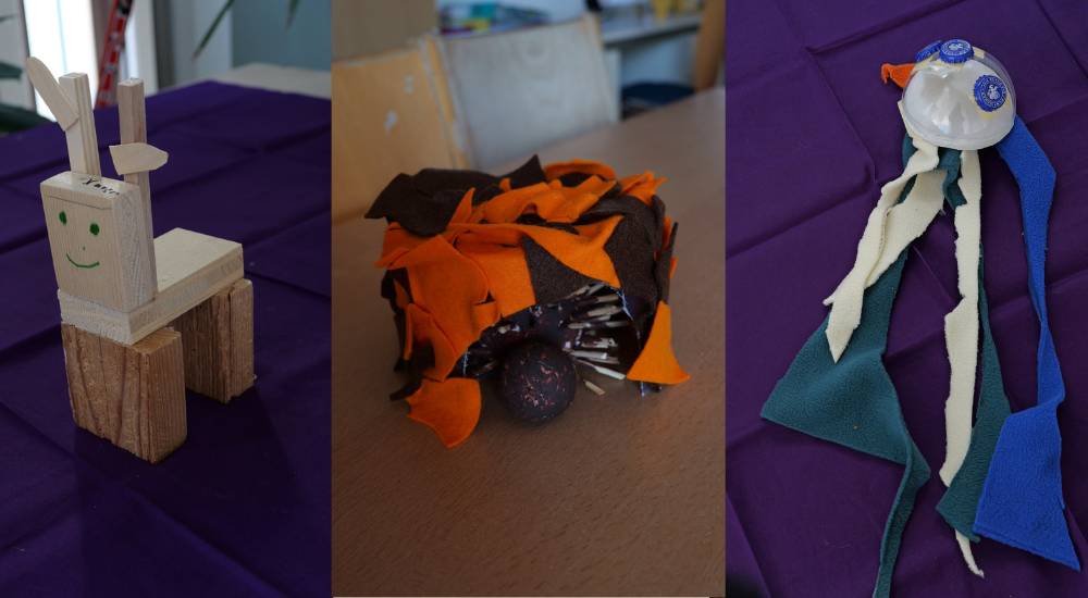 Gebastelten Objekte aus Müll des Medienprojekts