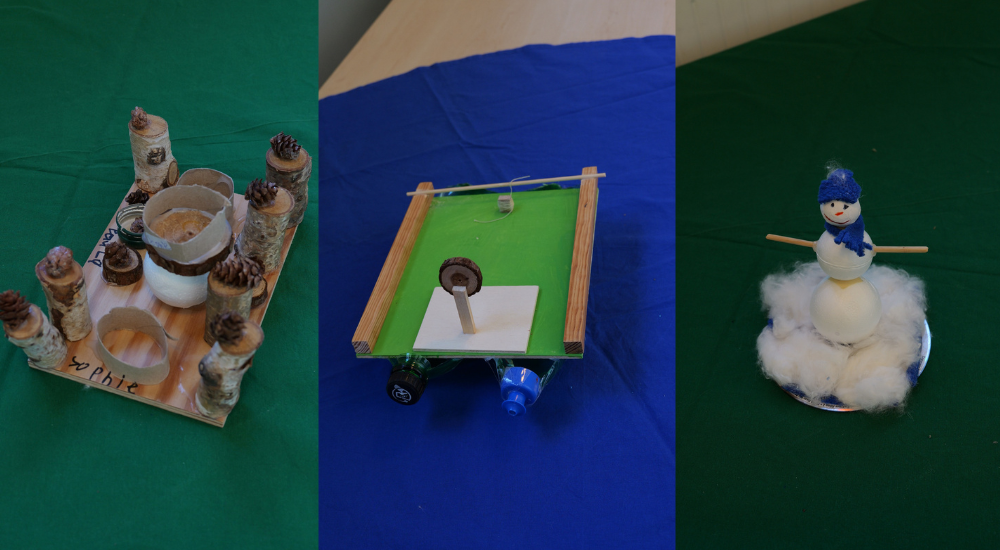 Gebastelten Objekte aus Müll des Medienprojekts