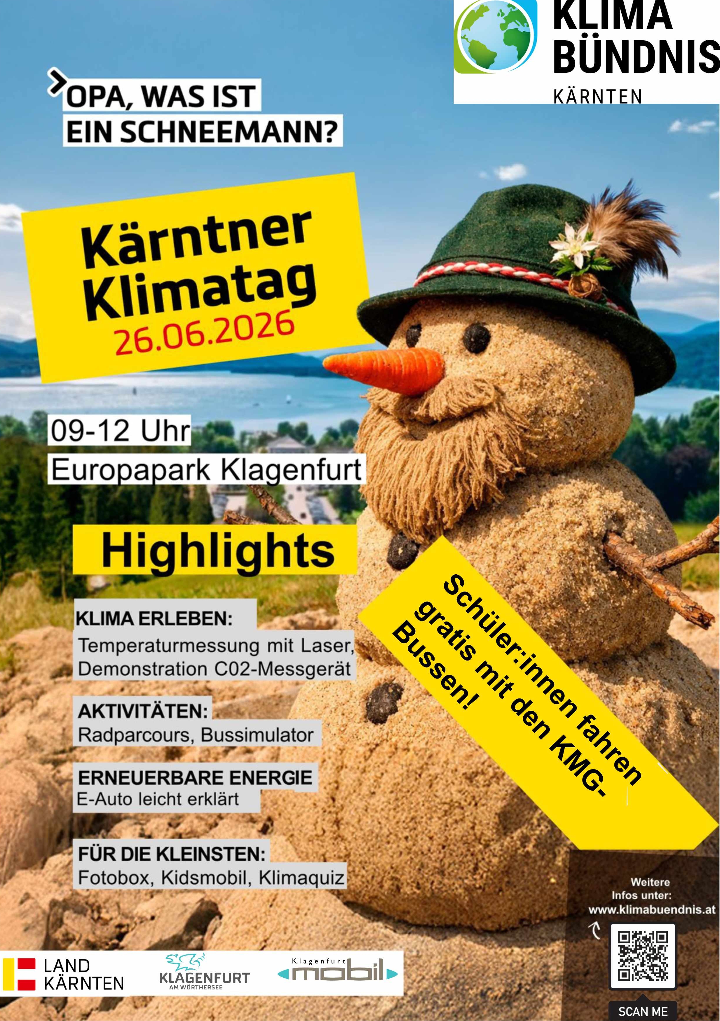 Plakat zum Kärntner Klimatag 2026 mit Sand-Schneemann, Veranstaltungsinfos, Programmpunkten und Hinweisen für Schüler:innen (26.06.2026, Europapark Klagenfurt)