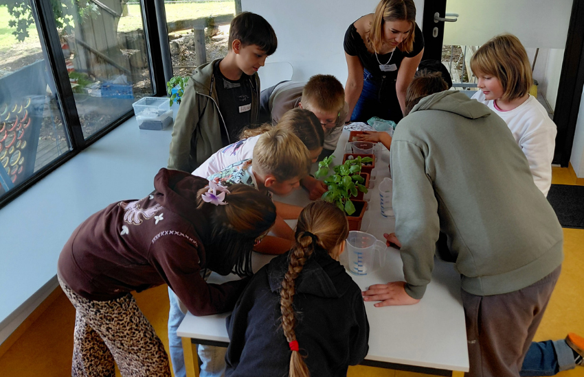 Die Volksschulkinder testeten, wie unterschiedliche Bodenoberflächen auf Starkregen reagieren.